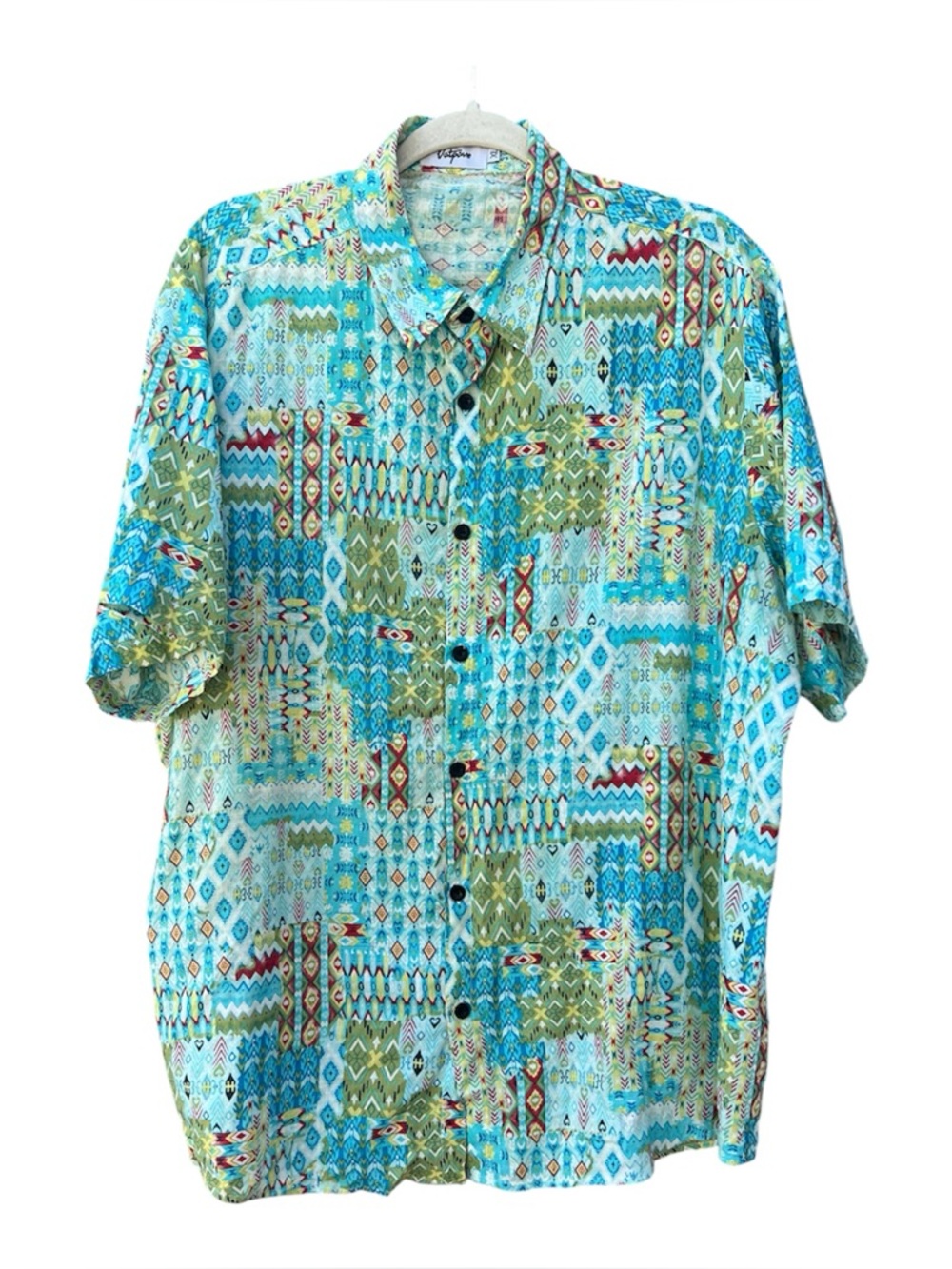 Vatpave Men's XL Y2K Aztec Geometric Print Button Up Shirt Turquoise Blue Green